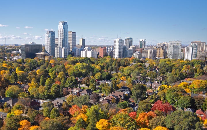 In this stock photo, an aerial view of condo and apartment towers in Toronto's Midtown neighbourhood is seen on an autumn day.