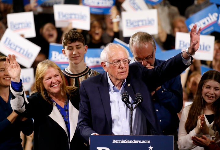 Democratic U.S. presidential candidate Senator Bernie Sanders is accompanied by his relatives, including his wife Jane, as he addresses supporters at his Super Tuesday night rally in Essex Junction, Vermont, U.S., March 3, 2020.