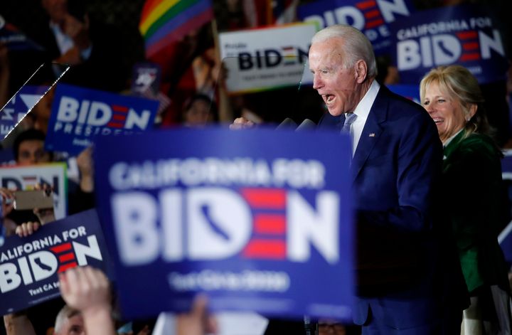 With his wife Jill at his side Democratic U.S. presidential candidate and former Vice President Joe Biden addresses supporters at his Super Tuesday night rally in Los Angeles, California, March 3, 2020.