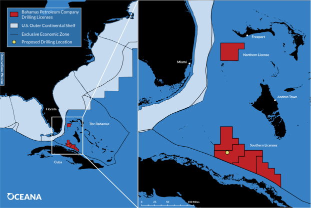 A map of the Bahamas Petroleum Company's drilling license areas and the proposed site of its exploratory well.