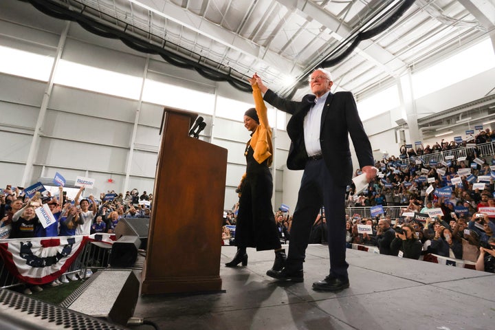 Sen. Bernie Sanders takes the stage Saturday after being introduced by U.S. Rep. Ilhan Omar (D-Minn.) in Springfield, Virgini