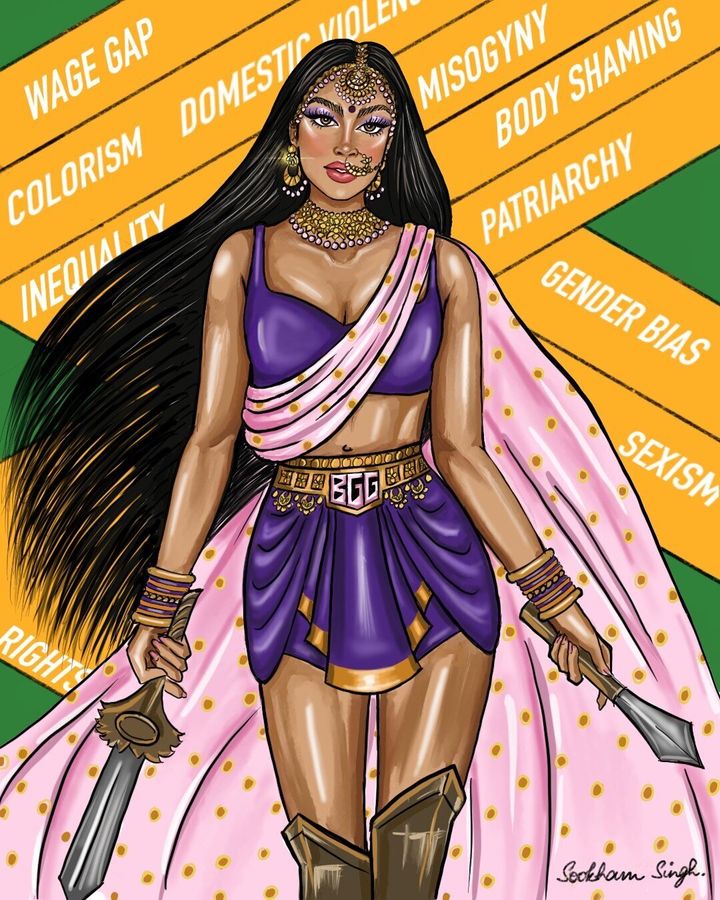 Sookham Singh's artwork will be featured in Brown Girl Gang's 'South Asian Superwoman' series for International Women's Day.