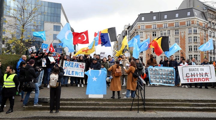 Nearly 200 Uighur Turks gather to protest against China and its East Turkistan policies in front of the European Parliament building in Brussels, Belgium on February 02, 2020. 