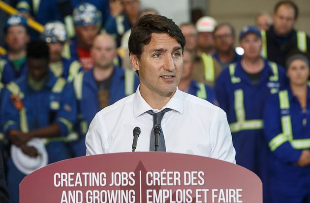 Prime Minister Justin Trudeau speaks at the Trans Mountain Terminal in Edmonton on July 12,