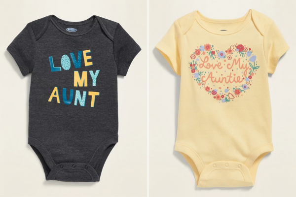 Two onesies centred on the concept of babies loving their aunts. The one on the left is for boys, and the one on the right is for girls.