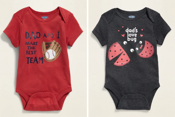 More onesies from Old Navy. These display the different ways boys and girls are socialized to understand their relationships with their dads.