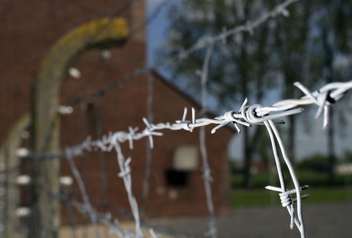 Barbed wire at the memorial site of the former Nazi labor and death camp Neuengamme in Hamburg, Germany.