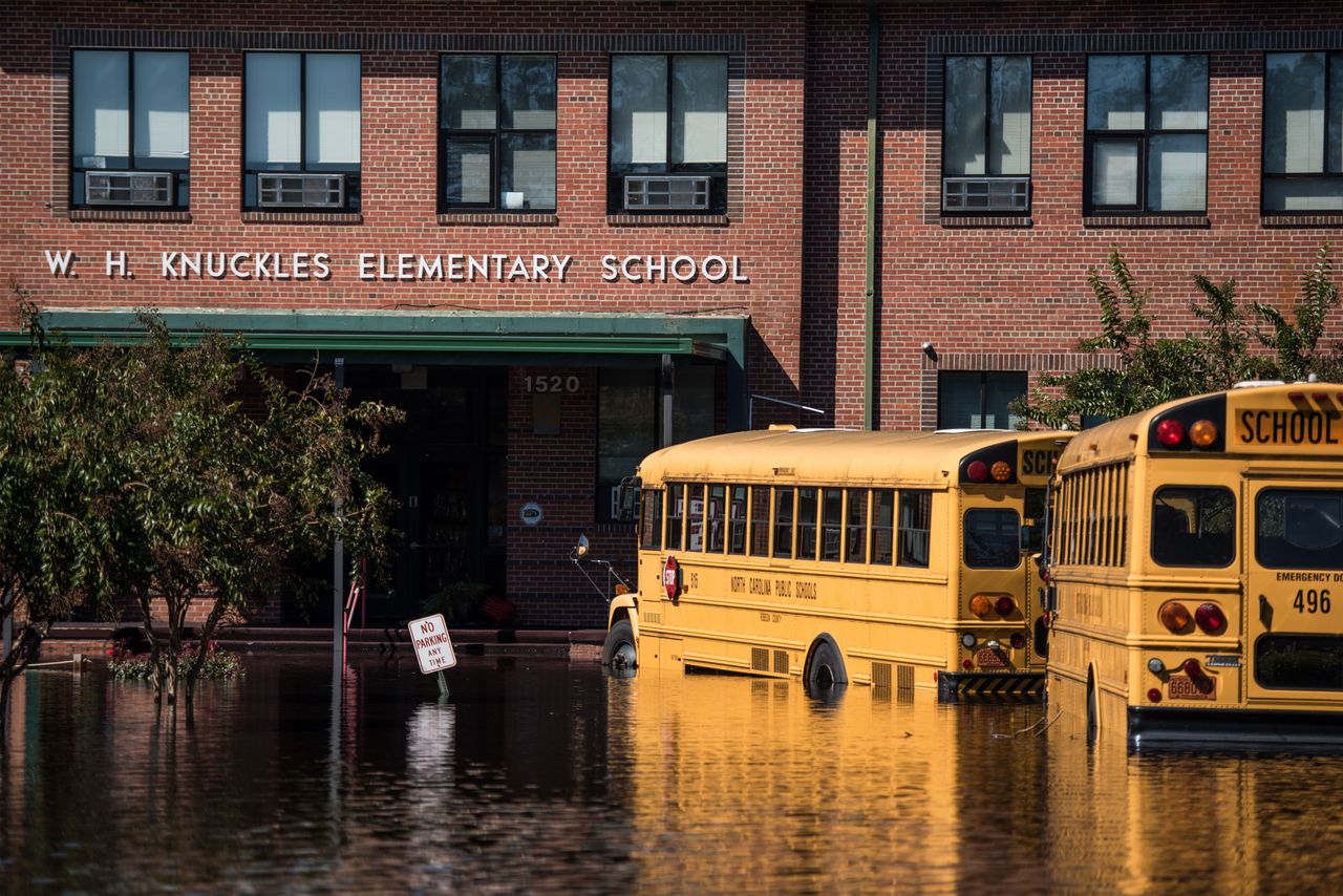 An elementary school is inundated with floodwaters from the Lumber River on Oct. 12, 2016, in Lumberton, North Carolina.