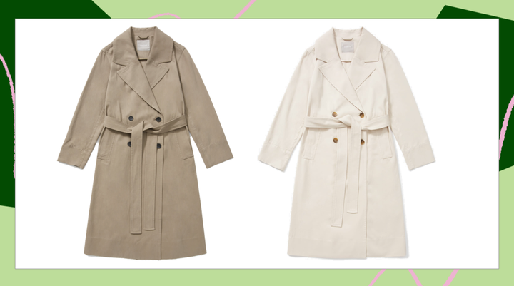 The trench coat comes in two different colors: clay (left) and sandstone (right).