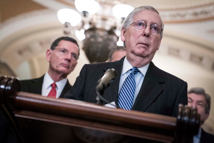 WASHINGTON, DC - MARCH 03: U.S. Senate Majority Leader Mitch McConnell (D-KY) speaks to the media following the weekly Repub