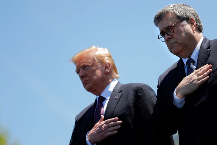 President Donald Trump and Attorney General William Barr attend the 38th annual National Peace Officers Memorial Service on Capitol Hill in Washington on May 15, 2019.