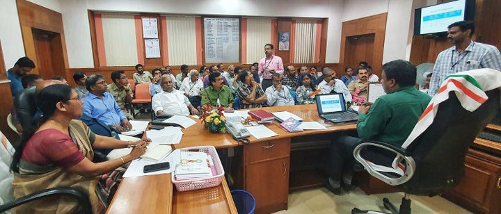 KK Shailaja at a meeting of government and health officials at the Thrissur Collectorate after India's first coronavirus patient was reported in Kerala on January 30, 2020.