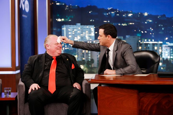 Rob Ford gets his face dabbed by Jimmy Kimmel on March 3, 2014. 