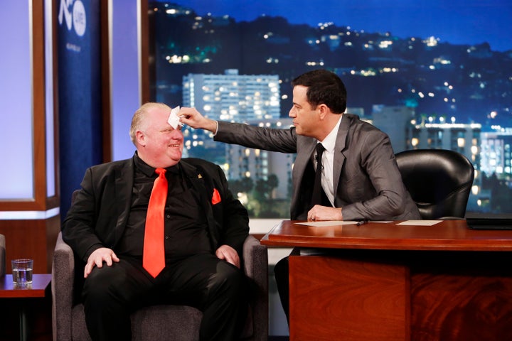 Rob Ford gets his face dabbed by Jimmy Kimmel on March 3, 2014.