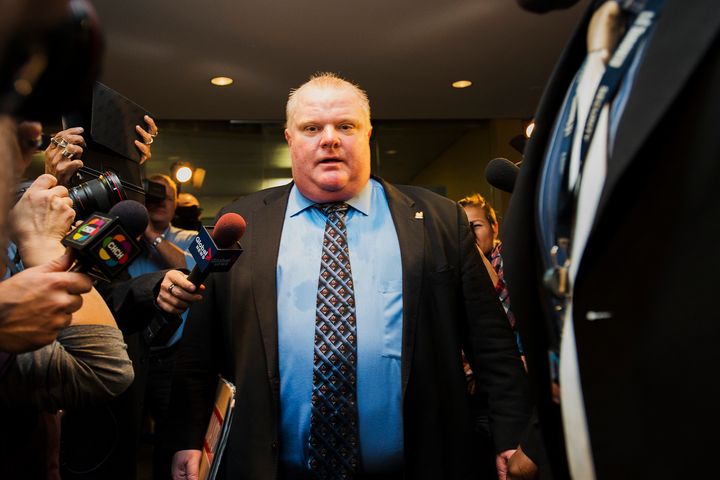 Rob Ford is seen here surrounded by members of the media on Nov. 15, 2013, when he was the mayor of Toronto.