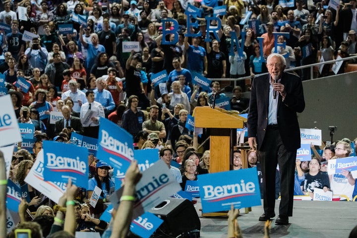 Democratic Presidential Candidate Sen. Bernie Sanders (I-Vt.) speaks at a campaign rally on March 5, 2020, in Phoenix, Arizona. There were several disruptions during the rally, including a white nationalist brandishing a Nazi flag.