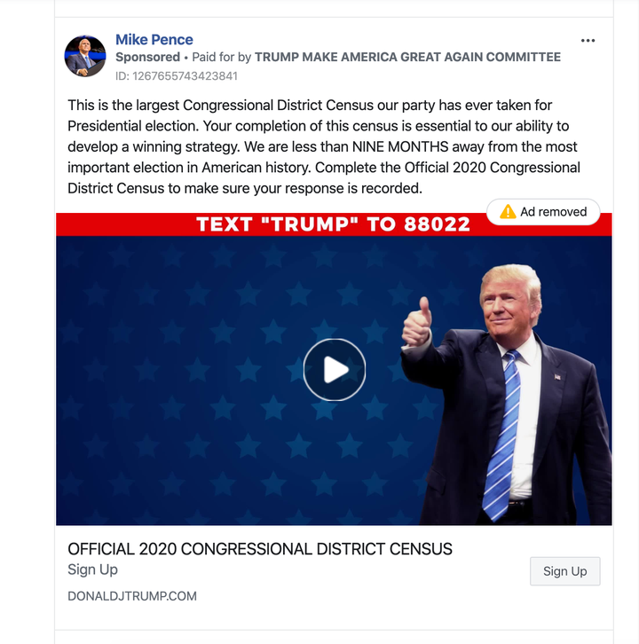 A screengrab of one of the Trump campaign's "2020 census" ads that Facebook has since removed from the platform.