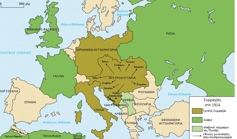 Χάρτης συμμαχιών στην Ευρώπη του 1914.