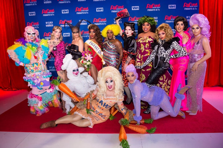 Rock M. Sakura, from left, Gigi Goode, Nicky Doll, Crystal Methyd, Jaida Essence Hall, Sherry Pie, Widow Von'Du, Aiden Zhane, Dahlia Sin, Brita Filter, Heidi N. Closet, Jackie Cox, and Jan Sport participate in a "RuPaul's Drag Race" season 12 special event at ViacomCBS - TRL Studios on Wednesday, Feb. 26, 2020, in New York. (Photo by Scott Roth/Invision/AP)