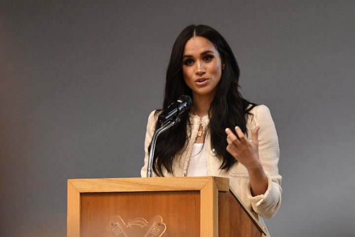 Meghan Markle speaking to student at Robert Clack Upper School in Dagenham on Friday.