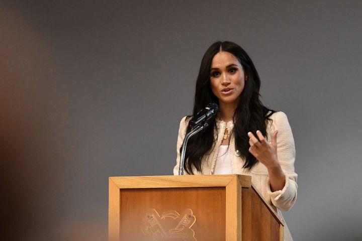 The Duchess of Sussex speaks during a school assembly as part of a visit to Robert Clack School in Essex on March 6, in support of International Women's Day. 