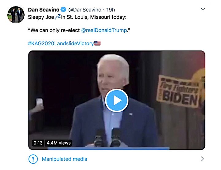 Twitter flags deceptively edited video of Joe Biden that was posted by Donald Trump's social media director.