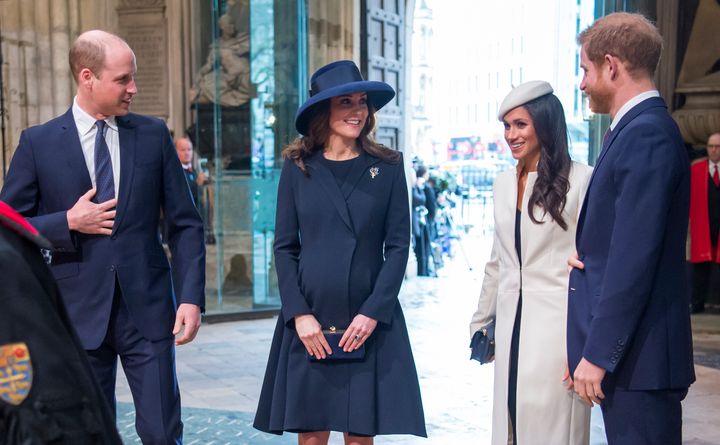The Duke and Duchess of Cambridge, then-actress Meghan Markle and her fiance, Prince Harry, attend a Commonwealth Day service at Westminster Abbey on March 12, 2018.