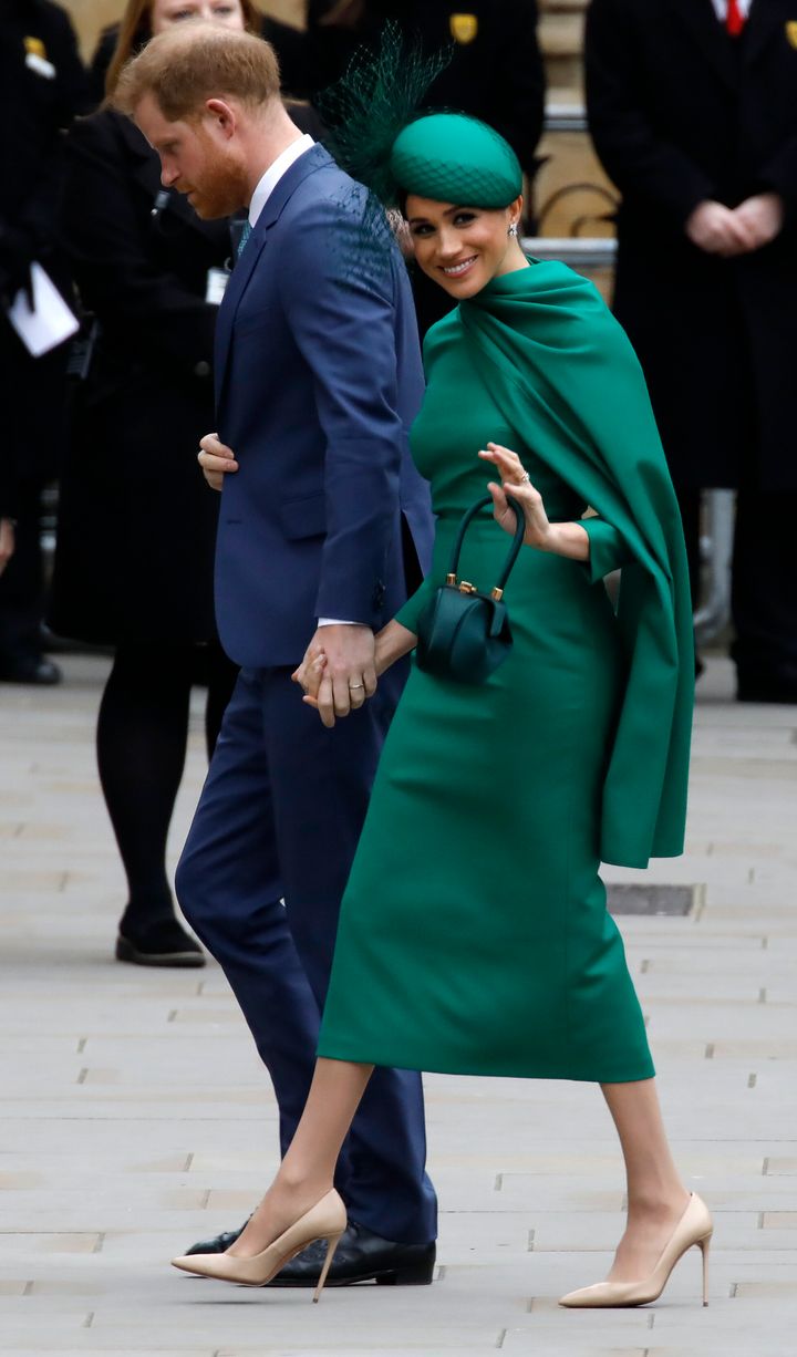 The Duke and Duchess of Sussex arrive to attend the annual Commonwealth Service at Westminster Abbey in London on March 9.&nb