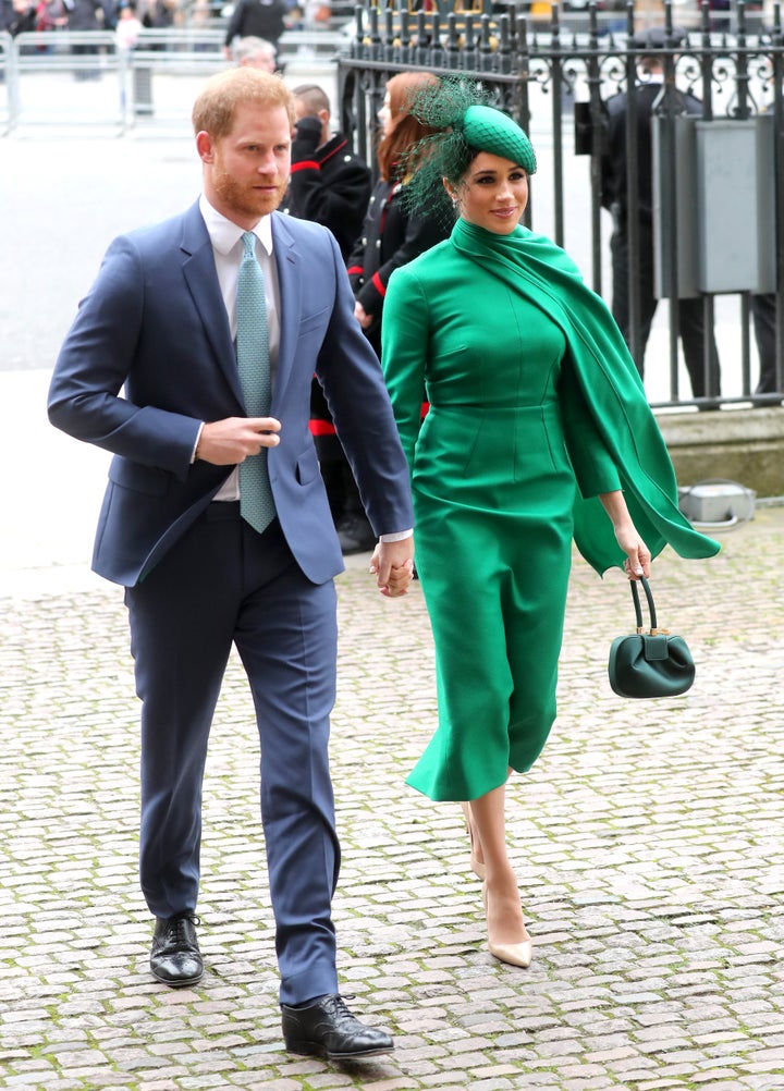 The Duke and Duchess of Sussex enter Westminster Abbey for the Commonwealth Service on Monday, March 9, 2020.