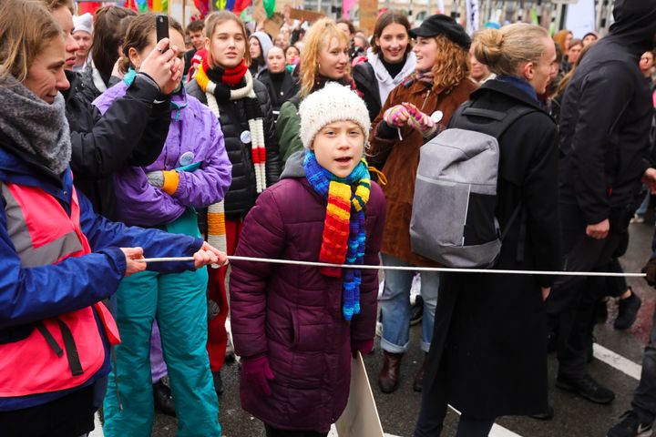 Swedish climate activist Greta Thunberg marches at a climate change protest in Brussels on March 6, 2020. 