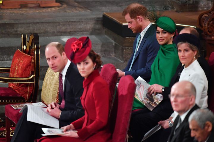 The Cambridges and Sussexes in their seats at Commonwealth Day services.
