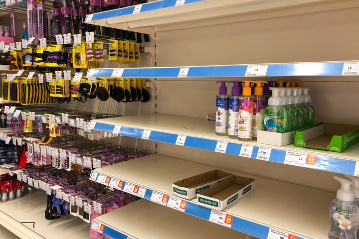 A shortage of antibacterial handwash on the shelves at a Sainsbury's supermarket in Cambridge.