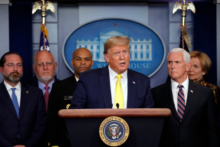 President Donald Trump speaks in the Brady press briefing room of the White House on March, 9, 2020, about the coronavirus outbreak. 