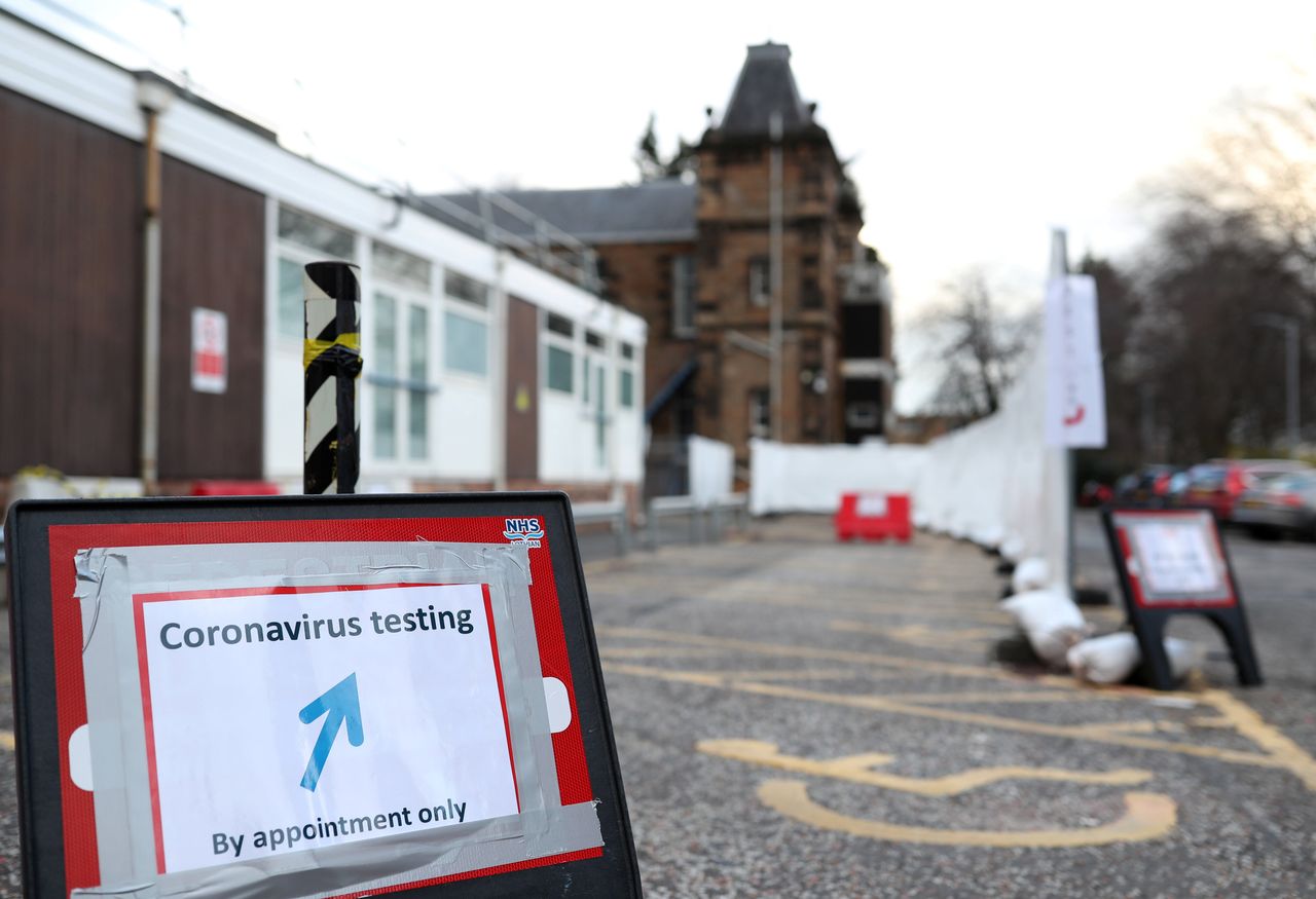 A sign for a coronavirus drive-through test centre is displayed at the Western General Hospital in Edinburgh.