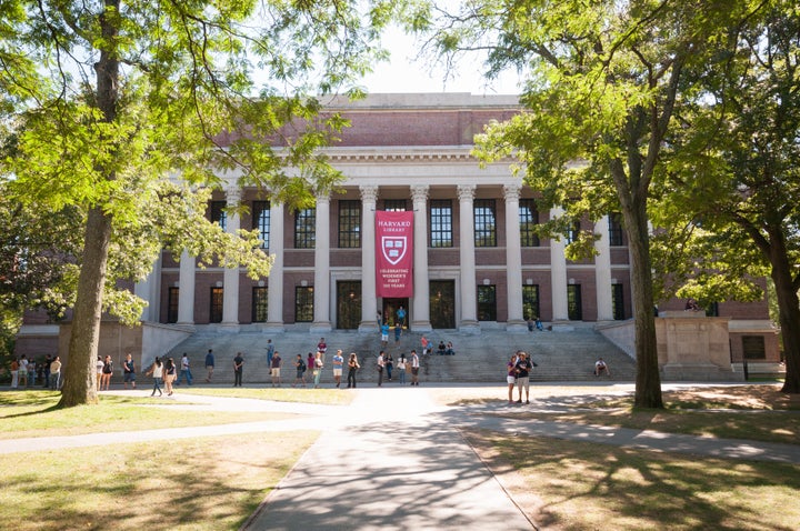 The Harvard Widener Library on Harvard's campus in Cambridge, Massachusetts.