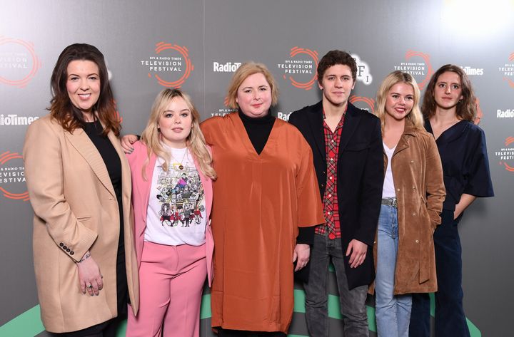 (L-R) Derry Girls creator Lisa McGee with its stars Nicola Coughlan, Siobhan McSweeney, Dylan Llewellyn, Saoirse-Monica Jackson and Louisa Harland