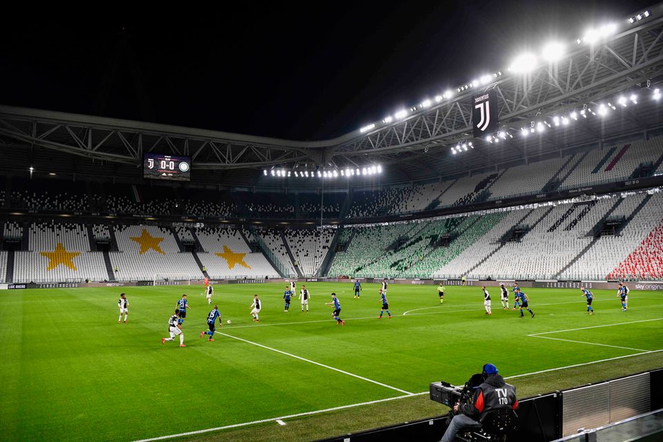 Empty seats in the Allianz Stadium in Turin during Juventus vs Inter Milan, which was played without fans because of the coronavirus outbreak.