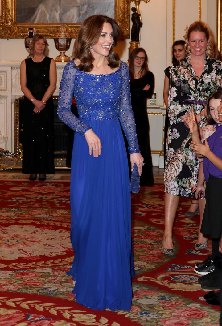 The Duchess of Cambridge is pictured as she hosts a gala dinner in celebration of the 25th anniversary of Place2Be at Buckingham Palace on March 9. 