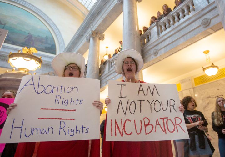 Women protest against abortion bans at the State Capitol Building in Salt Lake City, Utah, on May 21, 2019.