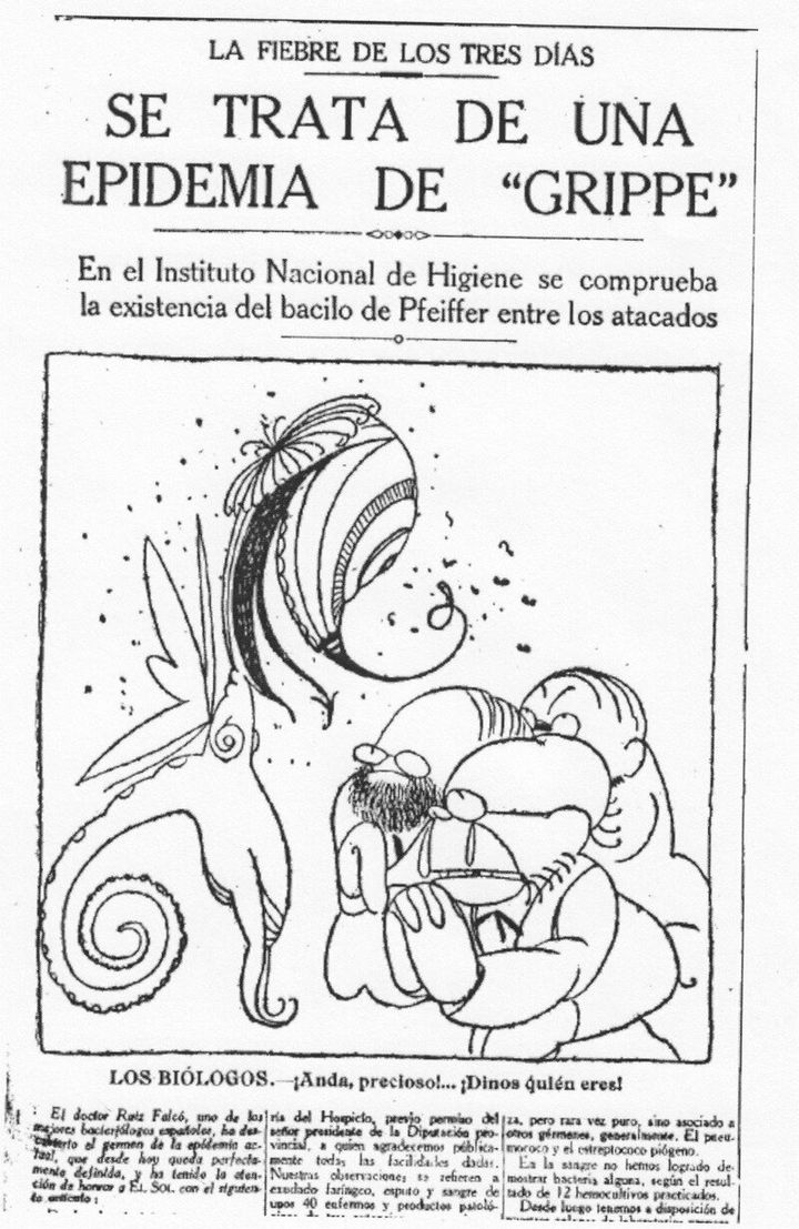 Biólogos españoles, ante el microbio de la gripe española, en una noticia de 1918.