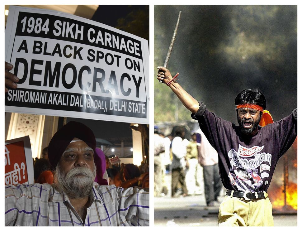 (Left) A protestor stands in a demonstration in November 2019 marking anniversary of the anti-Sikh carnage witnessed across India in 1984. (Right) A rioter believed to be a Bajrang Dal member commits arson on the street of Ahmedabad in February 2002. Both incidents of communal violence remain unresolved legally and politically with justice eluding victims every passing year, even as fears of India becoming a majoritarian republic mount.