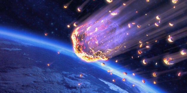 Meteor shower speeding toward Earth (digital composite)