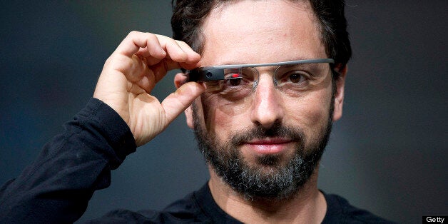 Sergey Brin, co-founder of Google Inc., wears Project Glass internet glasses while speaking at the Google I/O conference in S