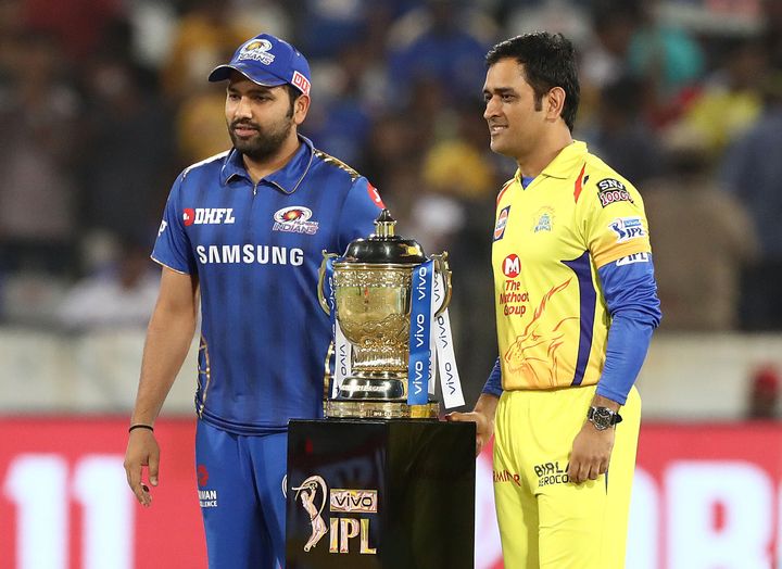 Rohit Sharma and MS Dhoni at the coin toss during the Indian Premier League Final match between Mumbai Indians and Chennai Super Kings at Rajiv Gandhi International Cricket Stadium on May 12, 2019 in Hyderabad.