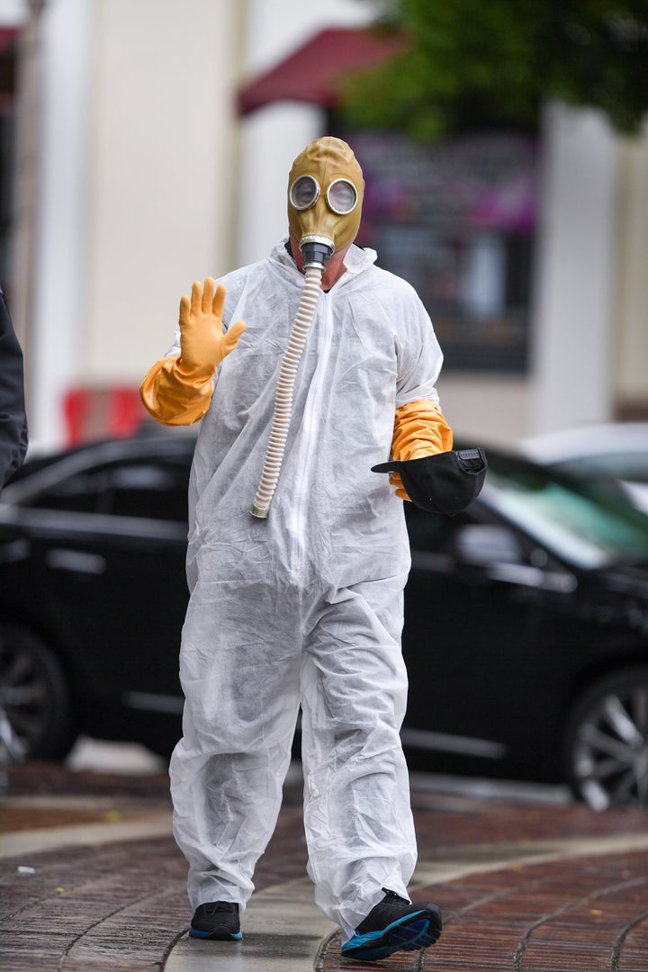 Howie Mandel wears a gas mask costume on March 10 in Los Angeles.