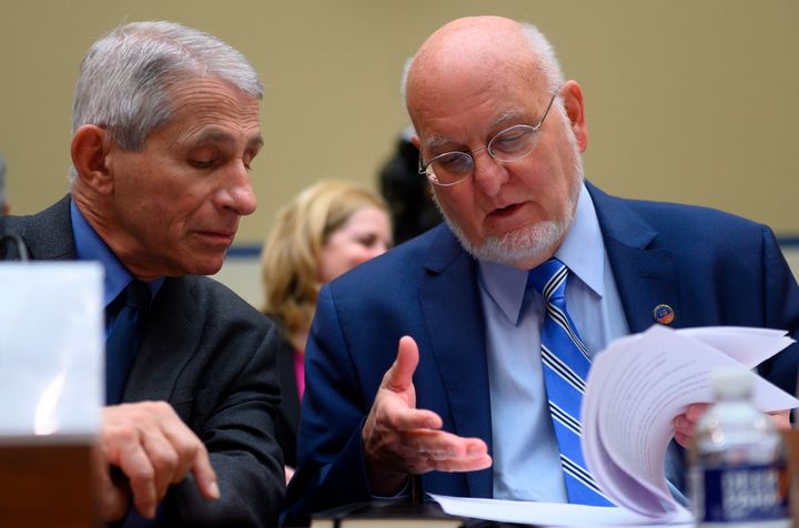 Dr. Anthony Fauci, director of the National Institute of Allergy and Infectious Diseases at National Institutes of Health, and Dr. Robert Redfield, director of the Centers for Disease Control and Prevention, at the start of Wednesday's hearing concerning government response to the coronavirus.