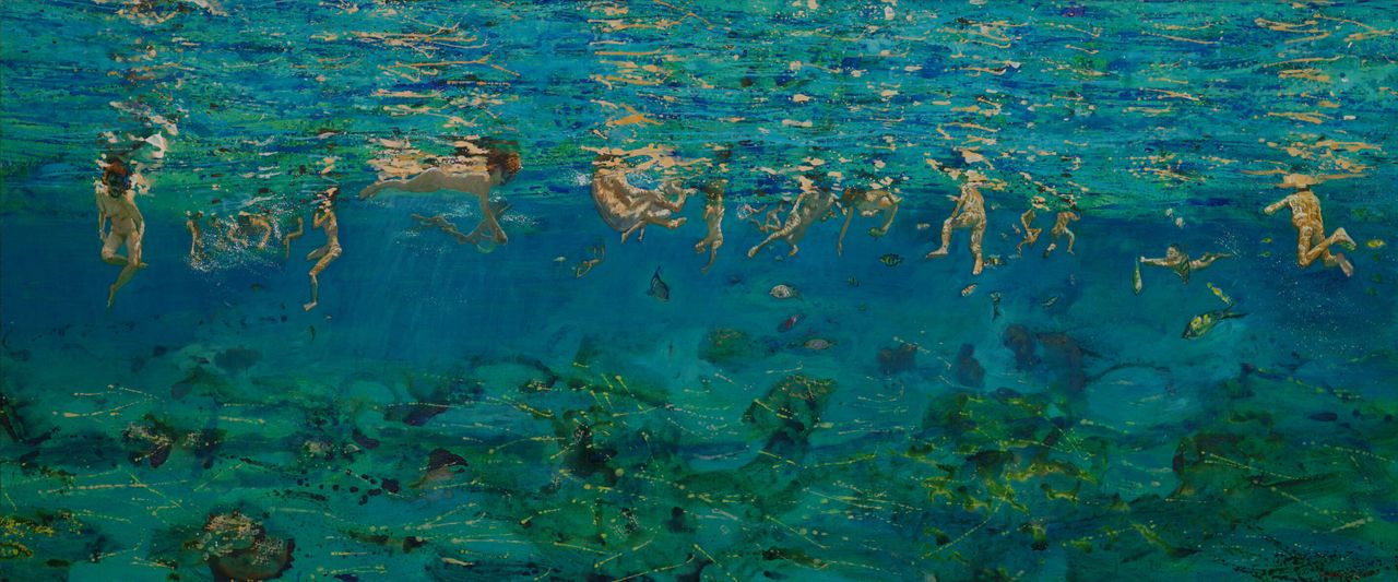 «Κολυμβητές κάτω από το νερό», 2004, λάδι σε μουσαμά, 80Χ195 εκ. 