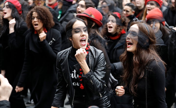 Women inspired by the Chilean feminist group called Las Tesis protest in front of the New York City criminal court during Harvey Weinstein's sex crimes trial in January.