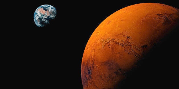 Planet Mars, Earth visible in background (Digital Composite)