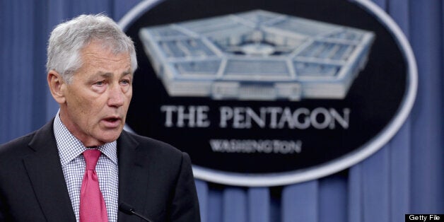 ARLINGTON, VA - APRIL 29: U.S. Defense Secretary Chuck Hagel speaks during a joint news conference with Japan's Defense Minister Itsunori Onodera at the Pentagon April 29, 2013 in Arlington, Virginia. The high-level defense meeting between the U.S. and Japan comes as belligerent threats from North Korea pose 'a real, clear danger and threat to the U.S. and its Asia-Pacific allies,' Hagel said earlier this month. (Photo by Chip Somodevilla/Getty Images)